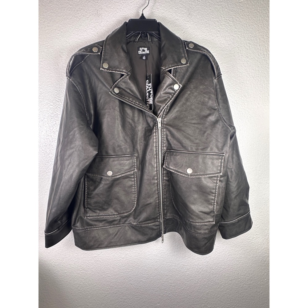 Future Collective Womens XL Faux Leather Biker Jacket Washed Black Oversized NWT